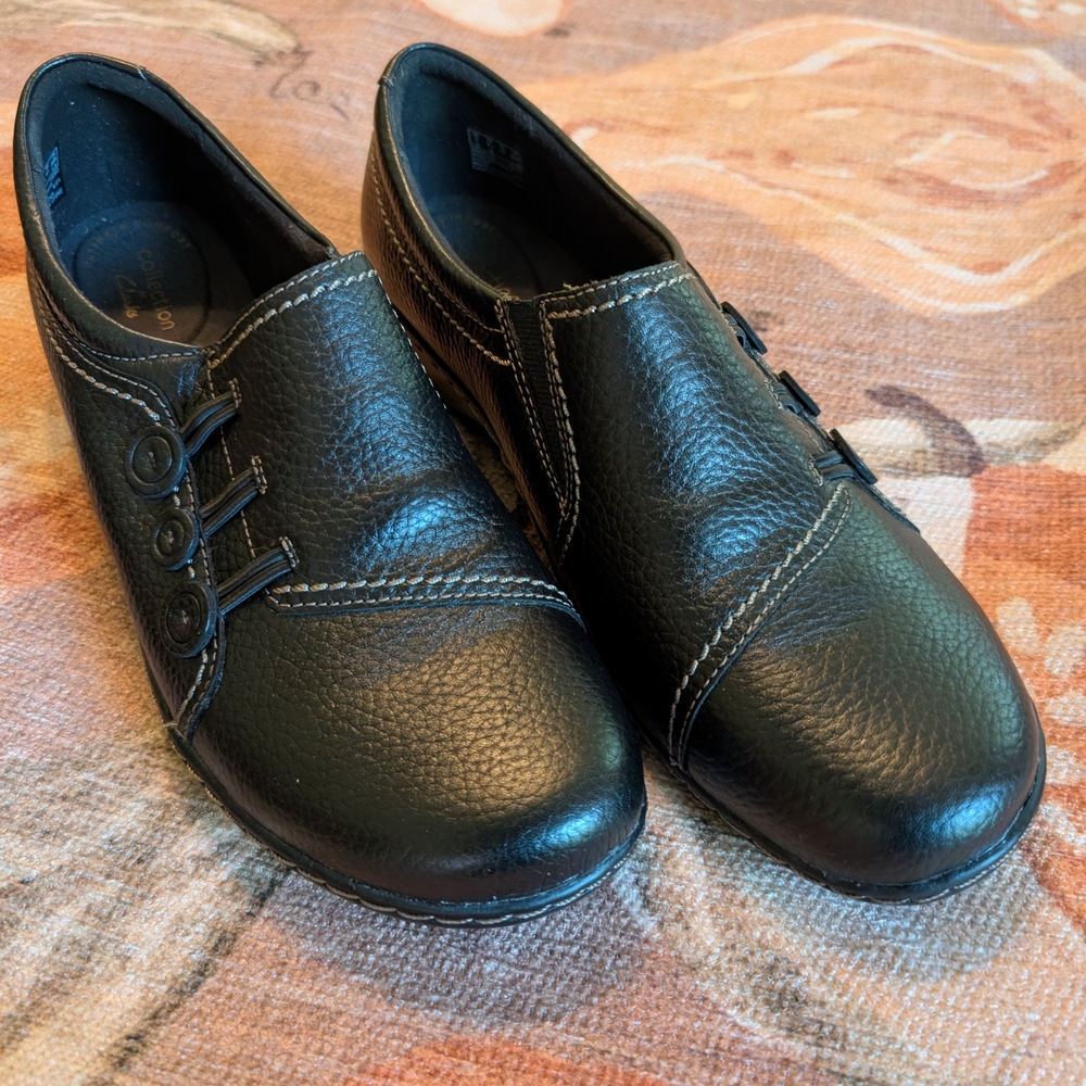 Clarks Black Leather Women's Slip-On Shoes